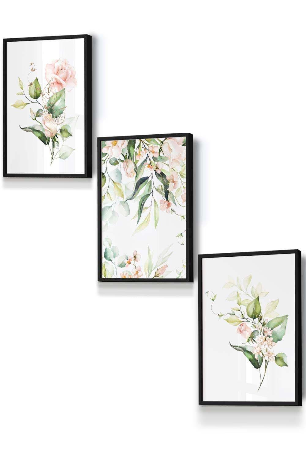 Set of 3 Black Framed Pink Watercolour Rose Bouquets Wall Art